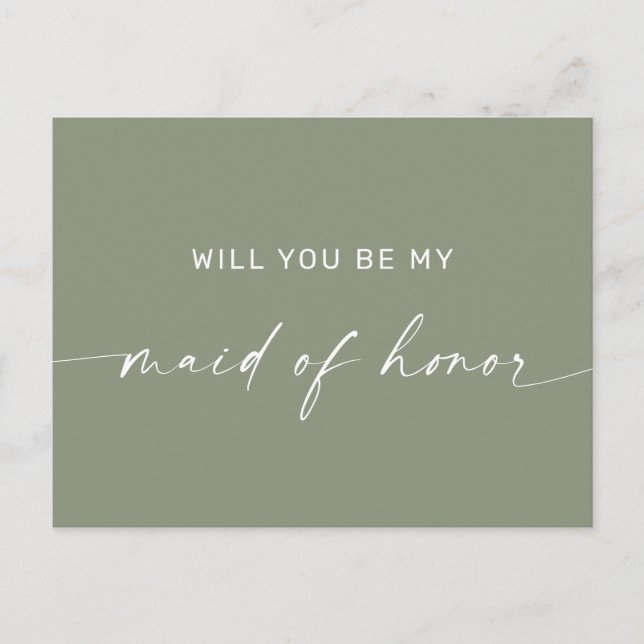 Dusty Sage Green Minimalist Maid of Honour Proposa Postcard (Front)