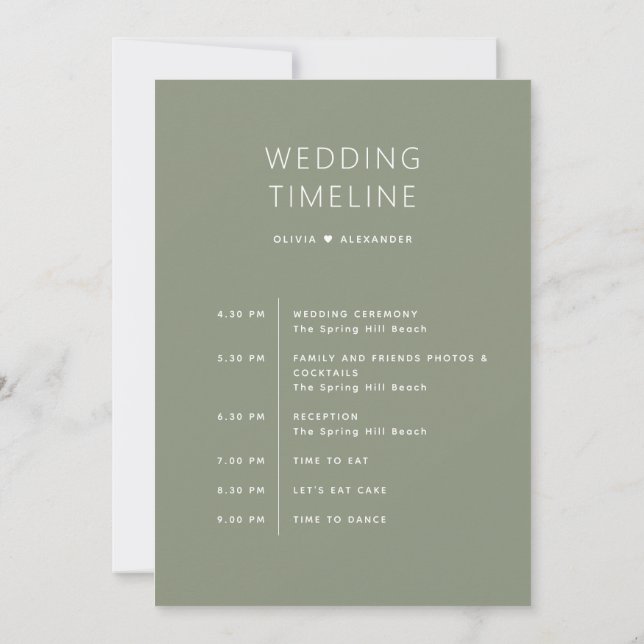 Dusty Sage Green Timeline | Wedding Itinerary  Invitation (Back)