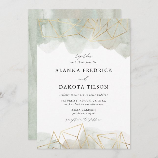 Dusty Sage Green Watercolor Gold Geometric Wedding Invitation (Front/Back)