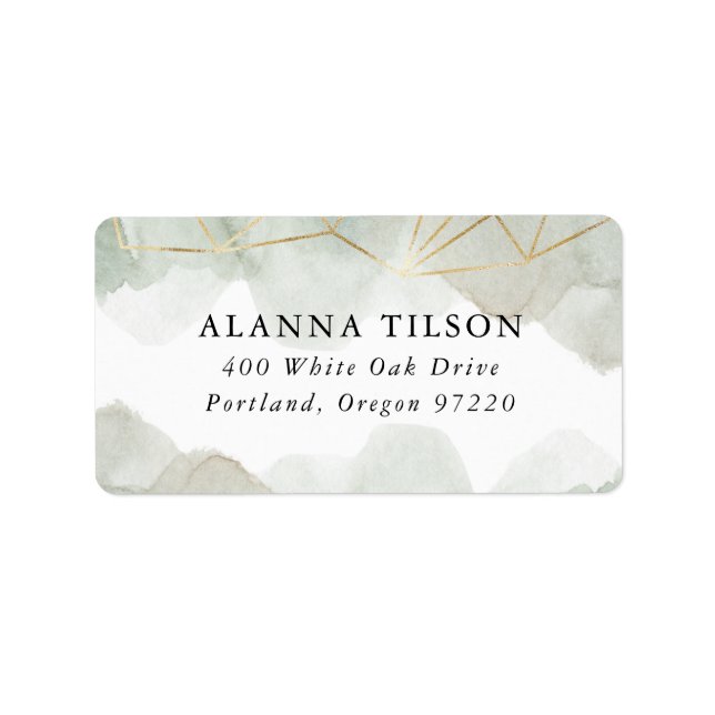 Dusty Sage Green Watercolor Gold Geometric Wedding Label (Front)