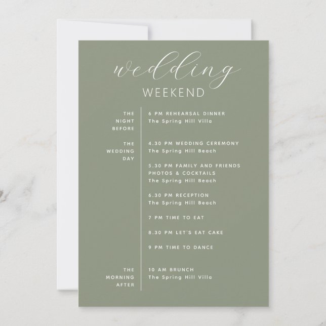 Dusty Sage Green Woodland Wedding Weekend Timeline Invitation (Back)