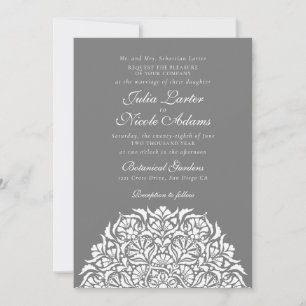 Dusty Silver Grey Whimsical Floral Mandala Wedding Invitation