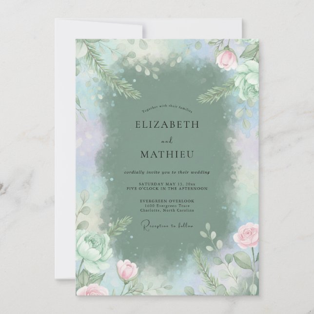 Dusty Slate Leaf Wedding Invitation (Front)