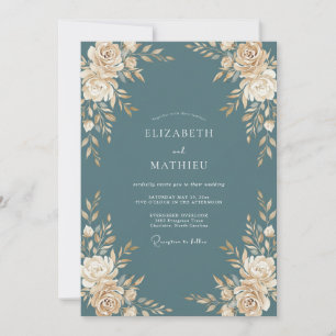 Dusty Slate Peony Wedding Invitation