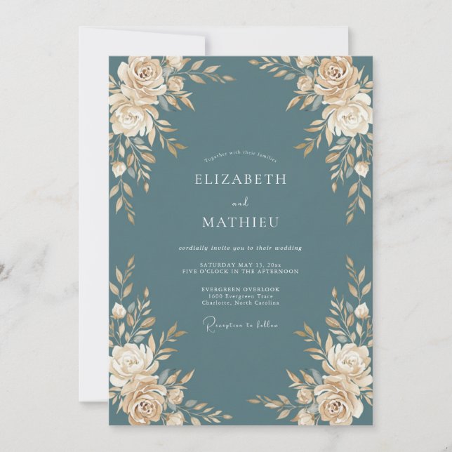 Dusty Slate Peony Wedding Invitation (Front)