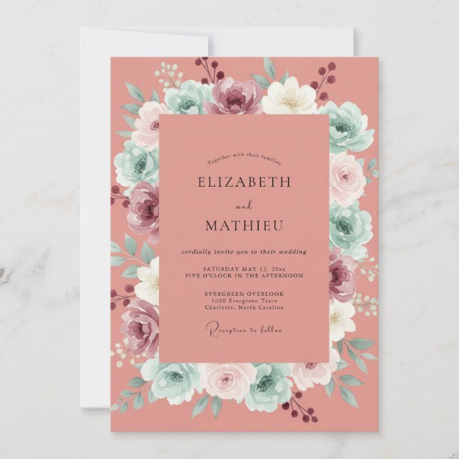 Dusty Soft Coral Peony Wedding Invitation (Front)