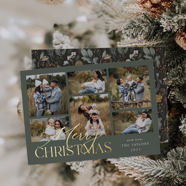 Dusty Spruce Green Photo Collage Gold Foil Holiday Card (Creator Uploaded)