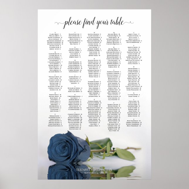 Dusty Steel Blue Rose Alphabetical Seating Chart (Front)
