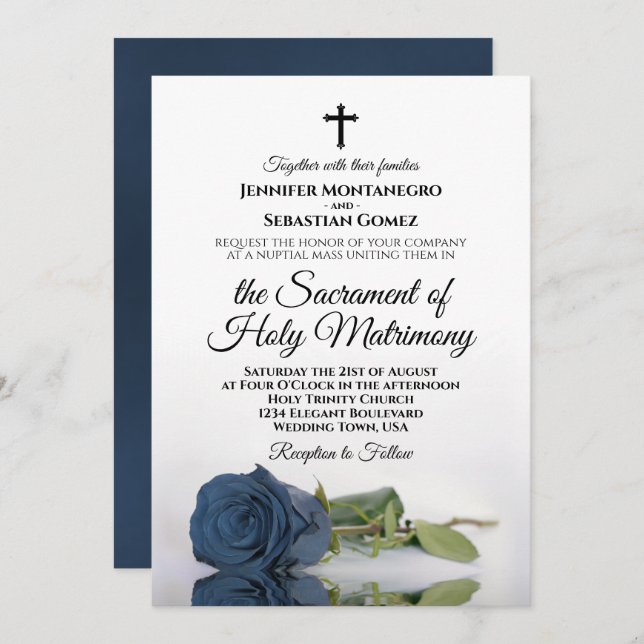 Dusty Steel Blue Rose Chic Modern Catholic Wedding Invitation (Front/Back)