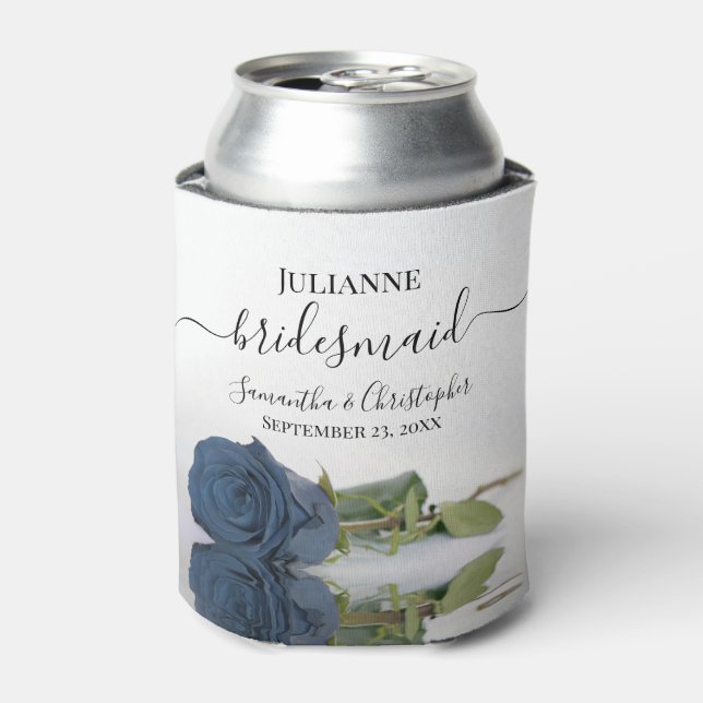 Dusty Steel Blue Rose Elegant Bridesmaid Wedding Can Cooler (Can Front)
