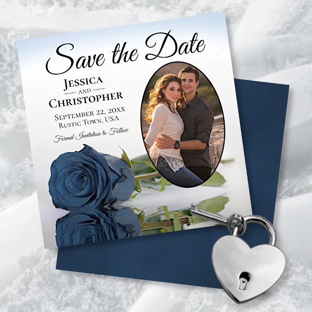 Dusty Steel Blue Rose Oval Photo Elegant Wedding Save The Date (Creator Uploaded)