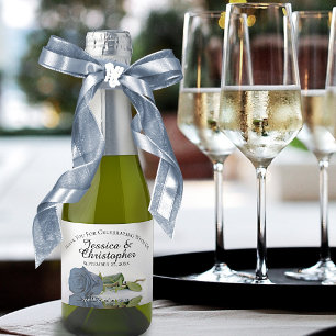 Dusty Steel Blue Rose Wedding Thank You Mini Sparkling Wine Label