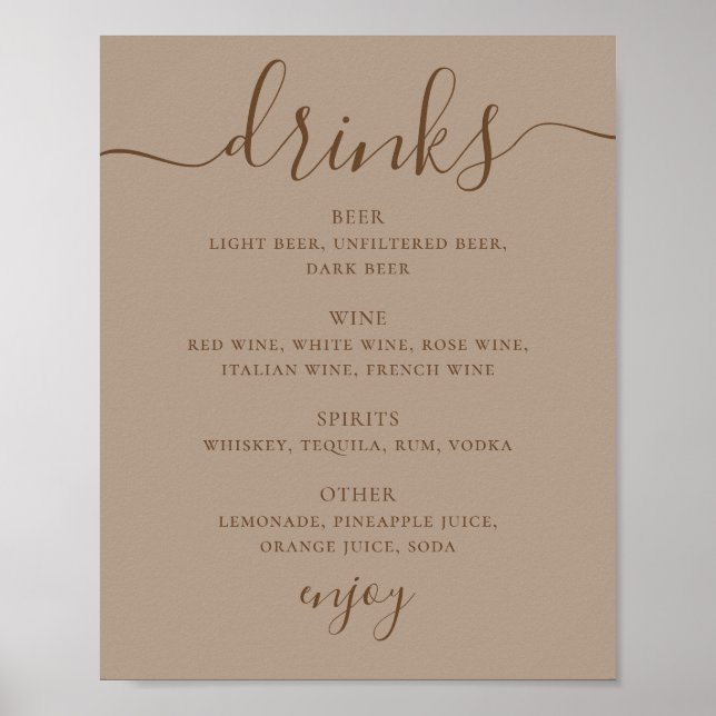 Dusty Taupe Wedding Drinks Sign | Modern Bar Menu (Front)