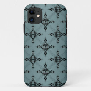 Dusty Teal and Black Damask Pattern iPhone 11 Case