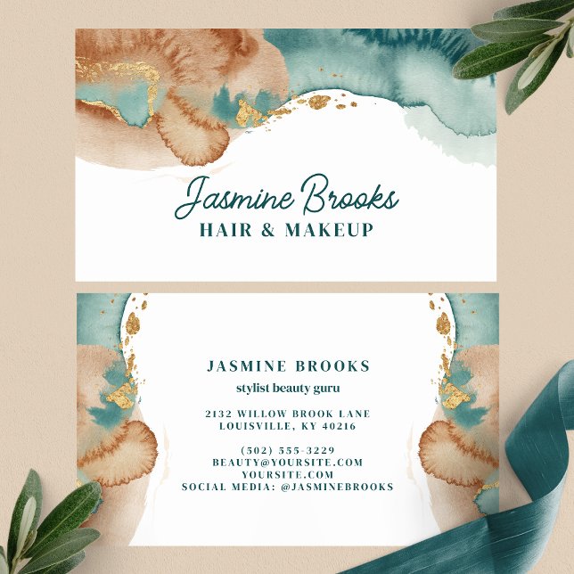 Dusty Teal and Gold Watercolor  Business Card (Creator Uploaded)