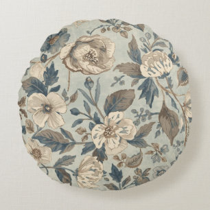 Dusty Teal Blue Brown Beige Farmhouse Floral Round Cushion
