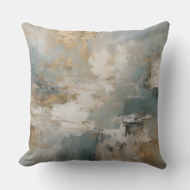 Dusty Teal Blue Gold Abstract Cushion (Front)