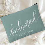 Dusty Teal Bridesmaid Modern Calligraphy Accessory Pouch<br><div class="desc">Celebrate your bridal party with this elegant dusty teal bridesmaid accessory pouch. Featuring modern calligraphy and customisable with your bridesmaid's name, this pouch is both stylish and practical. The soft dusty sage colour and elegant script create a sophisticated look, perfect for holding makeup, toiletries, or other essentials. This personalised pouch...</div>