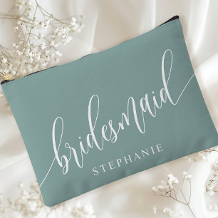 Dusty Teal Bridesmaid Modern Calligraphy Accessory Pouch