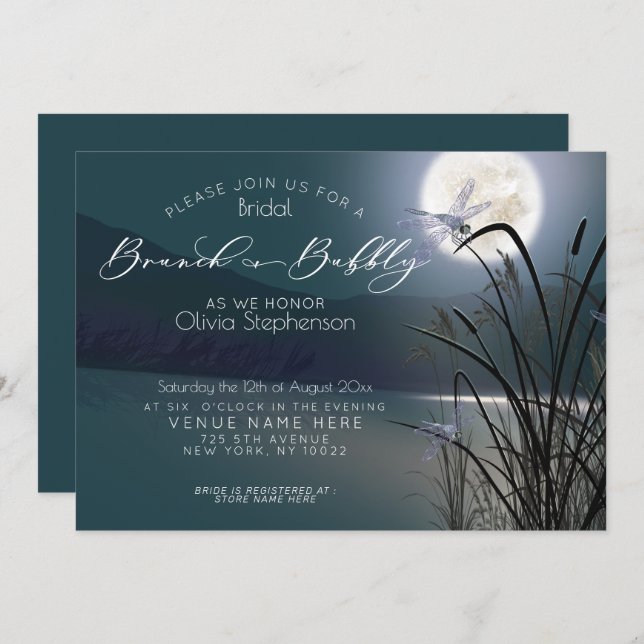 Dusty Teal Brunch Bubbly Full Moon Dragonfly Invitation (Front/Back)