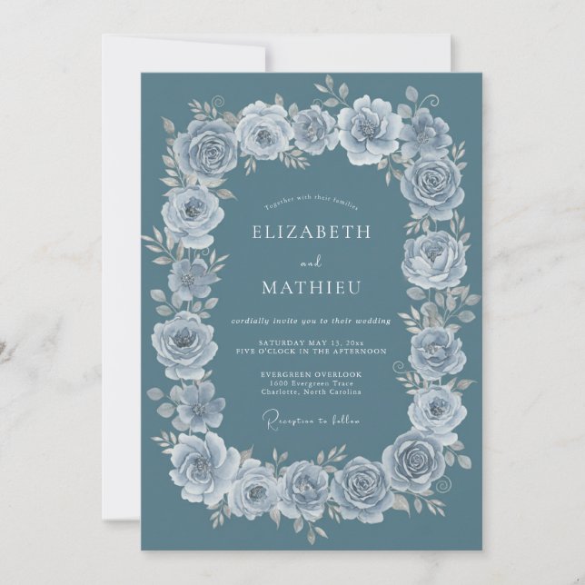 Dusty Teal Elegant Botanical Wedding Invitation (Front)