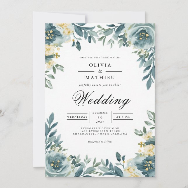 Dusty Teal Floral Arch Wedding Invitation (Front)