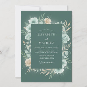 Dusty Teal Floral Watercolor Wedding Invitation