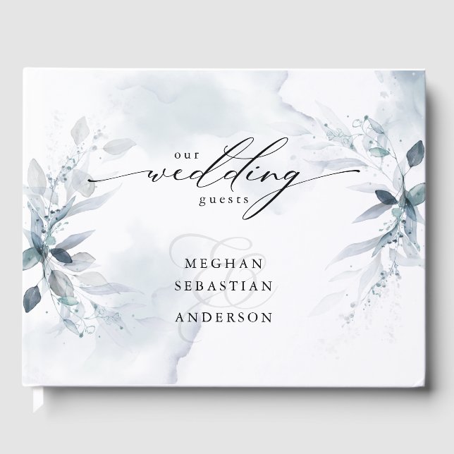 Dusty Teal Foliage Wedding Guest Book (Front)