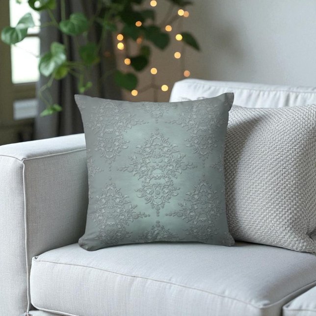 Dusty Teal Grey Fancy Damask Style Pattern Cushion (Creator Uploaded)