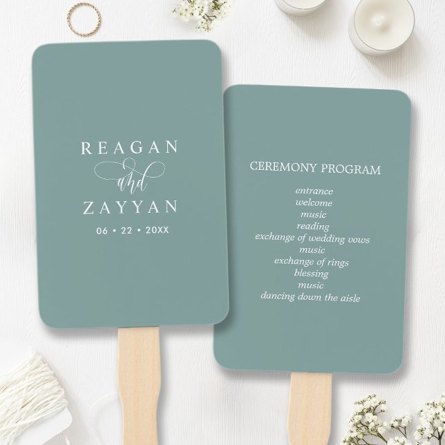 Dusty Teal Minimalist Script Wedding Program Hand Fan (Creator Uploaded)
