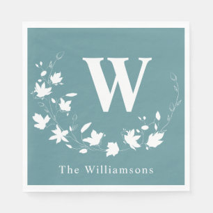 Dusty Teal Monogram Floral Wreath Family Party Napkin