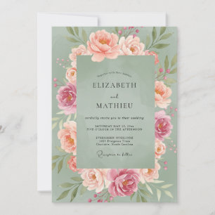 Dusty Teal Ranunculus Eucalyptus Wedding Invitation