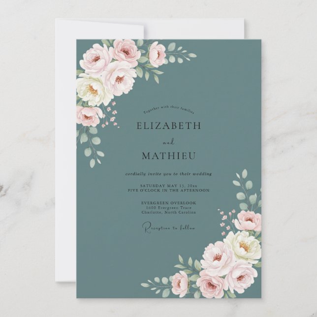 Dusty Teal Romantic Floral Wedding Invitation (Front)