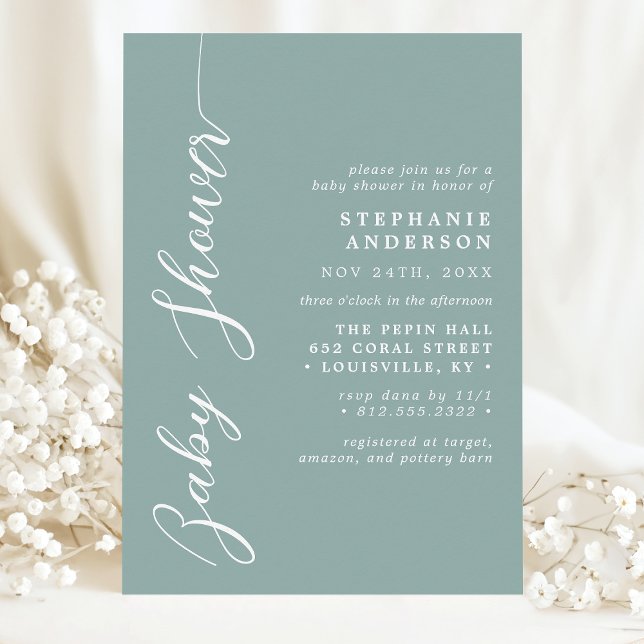 Dusty Teal Simple Modern Script Baby Shower Invitation (Creator Uploaded)