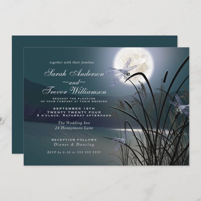 Dusty Teal Wedding Full Moon Dragonfly Pond Invitation (Front/Back)