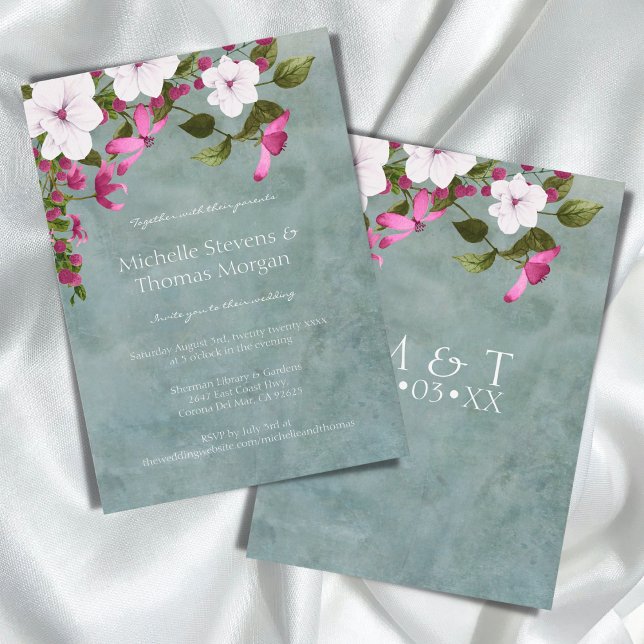 Dusty Teal White Magenta Green Floral Invitation (Creator Uploaded)