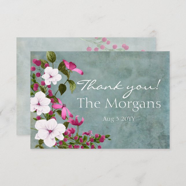 Dusty Teal White Magenta Green Floral Thank You Card (Front/Back)