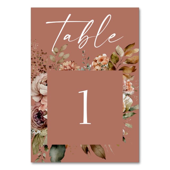 Dusty Terracotta Boho Fall Wedding | Rustic Floral Table Number (Front)
