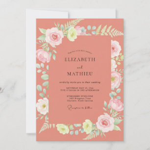 Dusty Terracotta Coral Leafy Wedding Invitation
