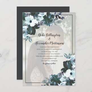 Dusty Twilight Blue Floral Wedding Photo Invitation