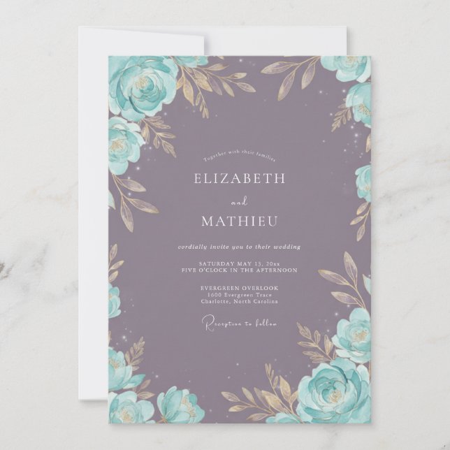 Dusty Violet Aqua Leafy Wedding Invitation (Front)