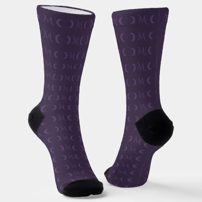 Dusty Violet Crescent Moons Monogram Socks (Angled)