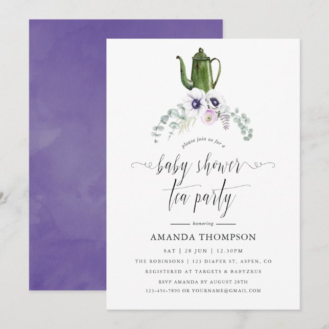 Dusty Violet Floral Baby Shower Tea Party Invitation (Front/Back)