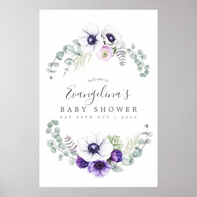 Dusty Violet Floral Baby Shower Welcome Poster (Front)