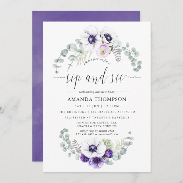 Dusty Violet Floral Baby Sip and See Invitation (Front/Back)