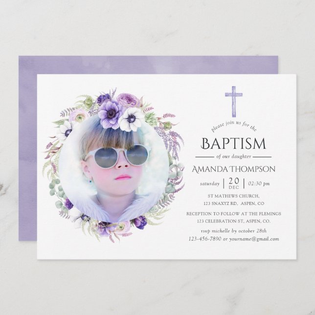 Dusty Violet Floral Baptism Invitation (Front/Back)