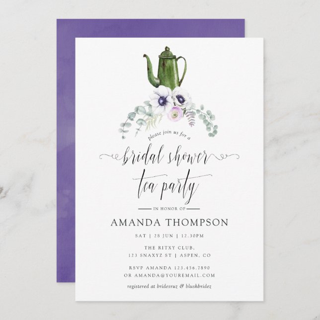 Dusty Violet Floral Bridal Shower Tea Party Invitation (Front/Back)