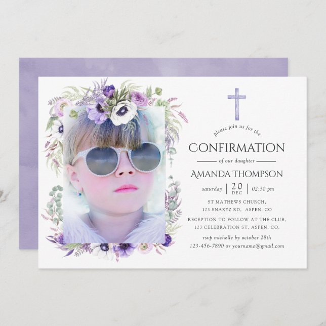 Dusty Violet Floral Confirmation Invitation (Front/Back)