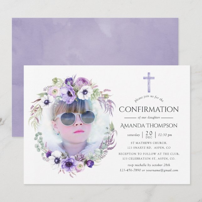 Dusty Violet Floral Confirmation Invitation (Front/Back)
