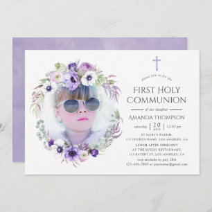 Dusty Violet Floral First Holy Communion Invitation